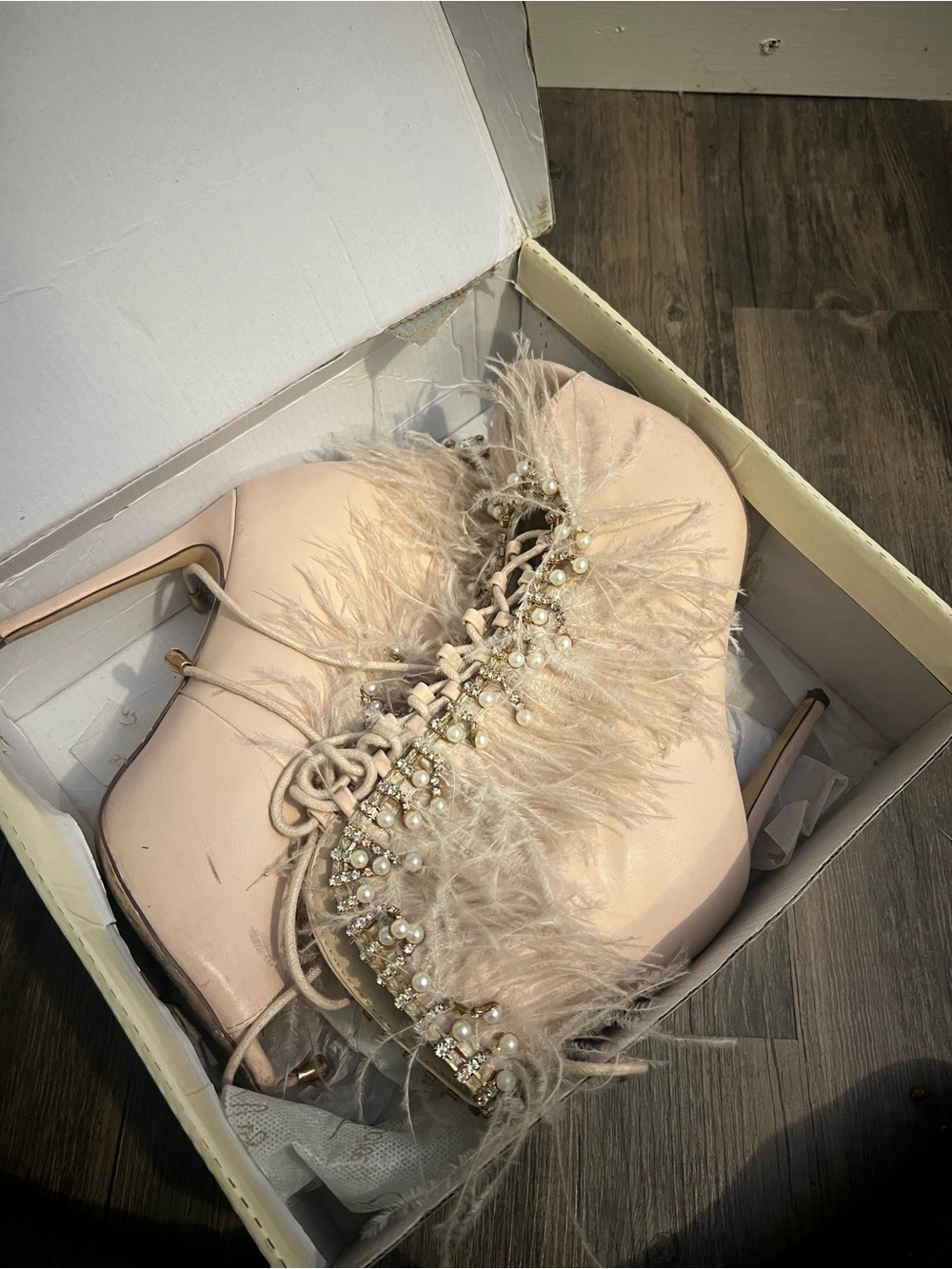 Embellished Blush Feather Lace-Up Ankle Heels - Picture 4 of 4